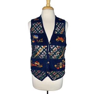 CASCADE BLUES Corduroy Woven Lattice Harvest Autumn Vest Medium Women Embroidery